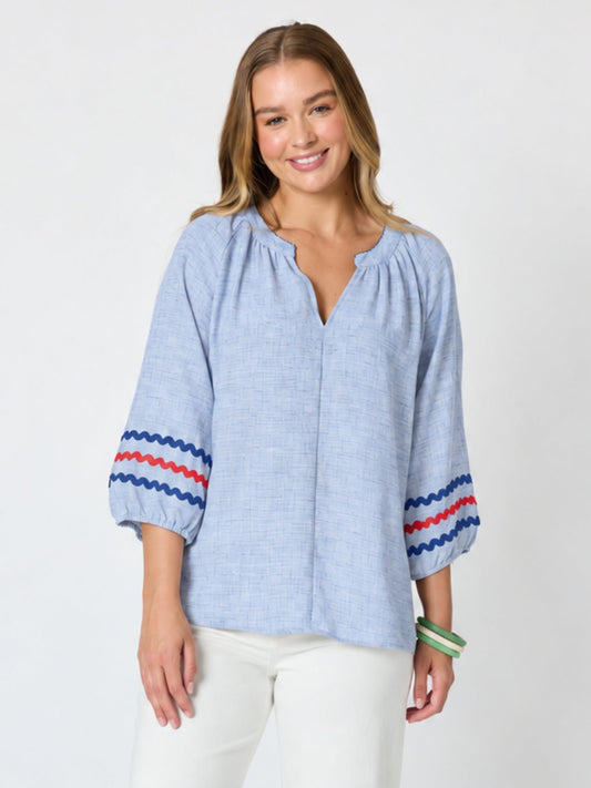 Image of a model wearing Tops. Product name - Canopy Ric Rac Top Chambray in Chambray colour by brand - Threadz