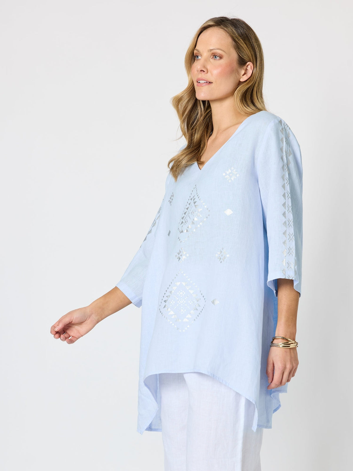 Hammock & Vine Soleil Foil Print Linen Top (Sky Blue Silver)