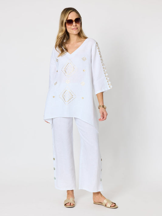 Hammock & Vine Soleil Foil Print Linen Top (White/Gold)