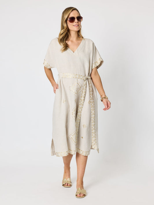 Hammock & Vine Soleil Foil Print Linen Dress (Natural Gold)