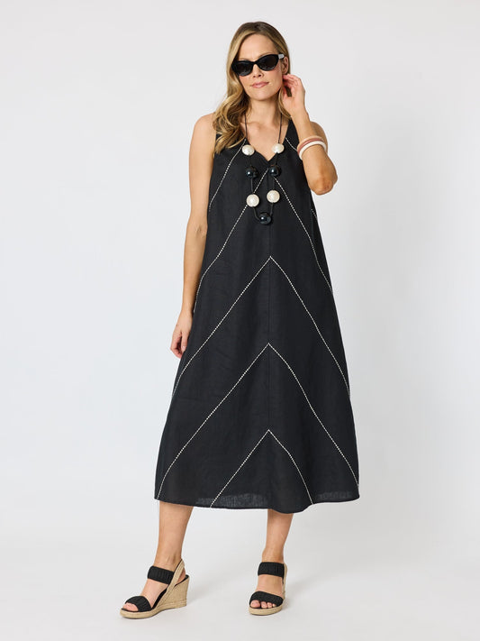 Hammock & Vine Haven Chevron Stitch Linen Dress (Black/White)