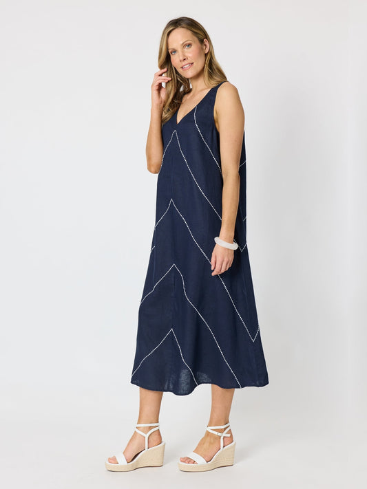 Hammock & Vine Haven Chevron Stitch Linen Dress (Navy/White)