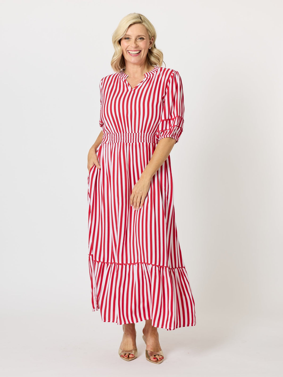 Threadz Montecito Stripe Print Dress (Red White)