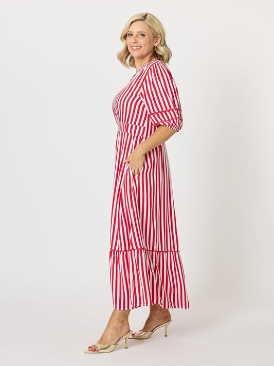 Threadz Montecito Stripe Print Dress (Red White)