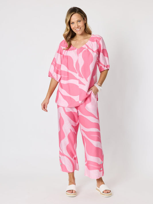 Clarity Bay Leaf Print V Neck Top (Blush Multi)