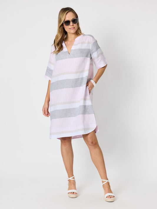 Hammock & Vine Paros Stripe Print Linen Dress (Pink Silver)