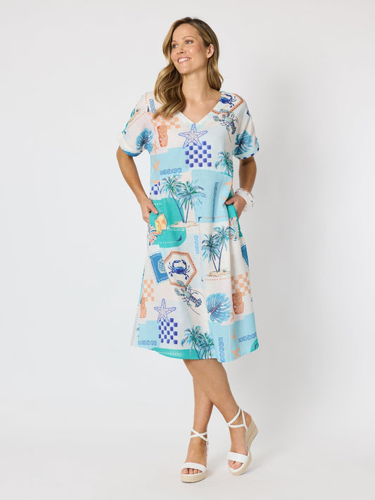 Clarity Caribbean Coast Print Dress (Aqua Multi)