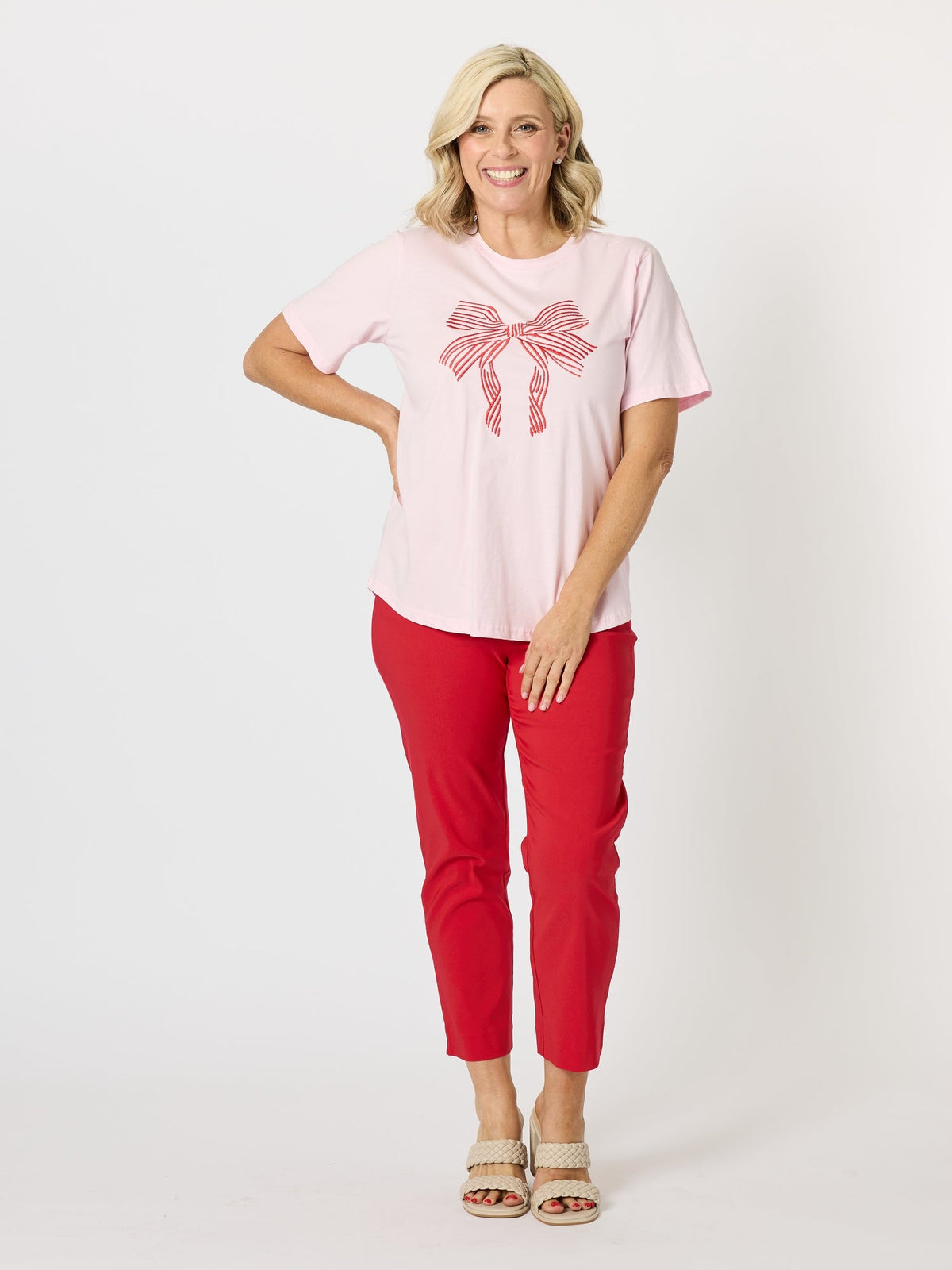 Threadz Festive Embroidered Bow Cotton Tee (Pink)