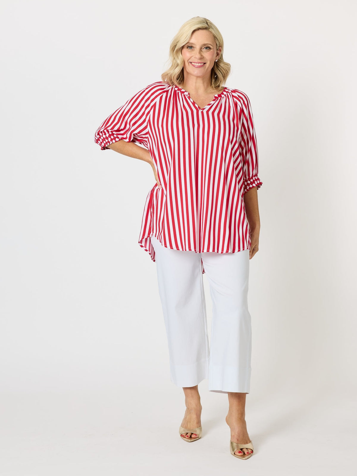 Threadz Harlequin Stripe Print Top (Red White)