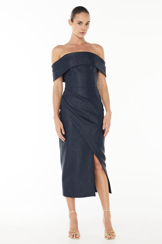 Micro Weave Off Shoulder Dress (French Navy)