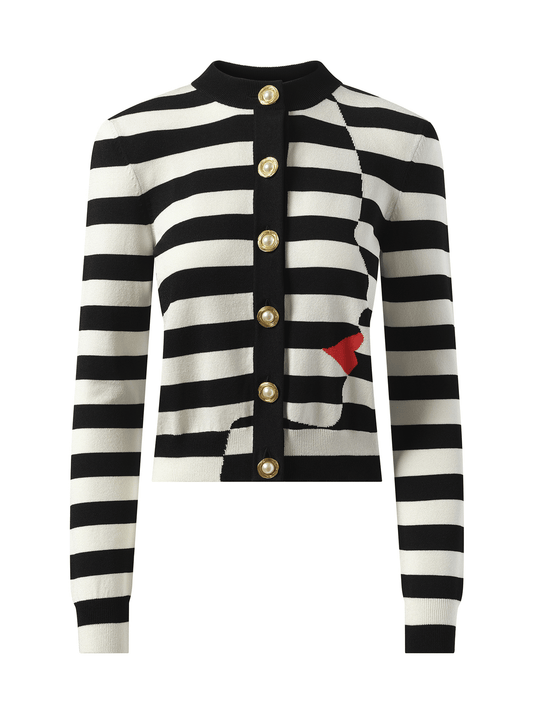 BALMAIN Buttoned Face Mariniere Knit Cardigan (Black White)