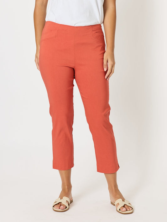 Image of a model wearing Pants. Product name - Zara Stretch Pant Ginger in Ginger colour by brand - Threadz