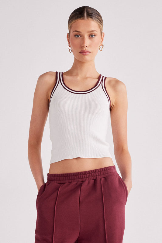 Image of a model wearing Tops. Productname: SNDYS Bex Rib Tank in White Cherry colour by brand - SNDYS