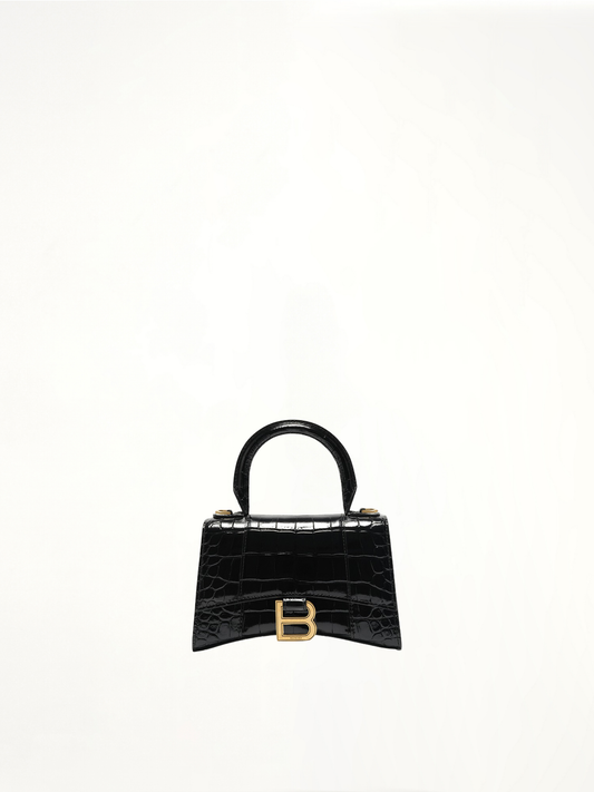 Image of Bags. Productname: Hourglass XS Croco Embossed Bag in Black colour by brand - BALENCIAGA