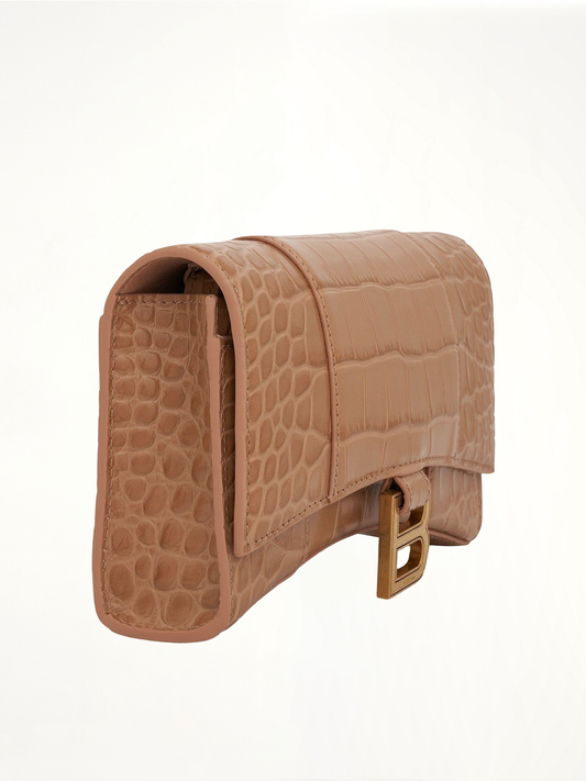 BALENCIAGA Hourglass Embossed Croc Wallet On Chain (Beige)
