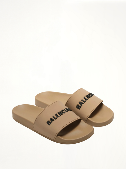 BALENCIAGA 3D Logo Pool Slide Sandal (Beige)