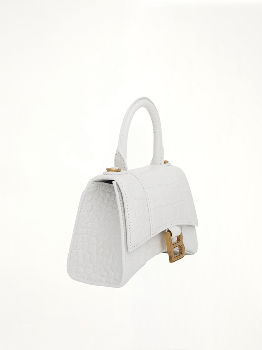BALENCIAGA Hourglass XS Croco Embossed Bag (White)
