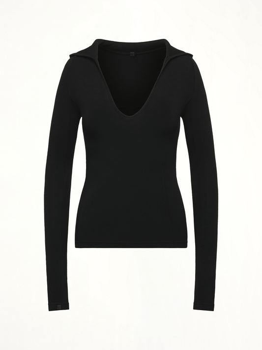 FAX COPY EXPRESS Hooded V-Neck Long Sleeve Top (Black)