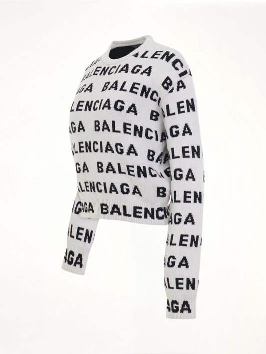 BALENCIAGA Allover Logo Horizontal Cropped Sweater (White)