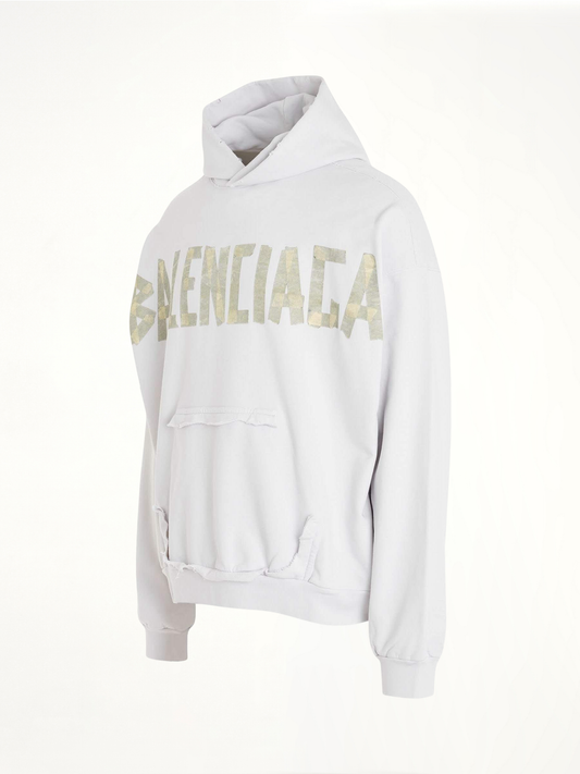 BALENCIAGA Tape Logo Ripped Pocket Hoodie (White)
