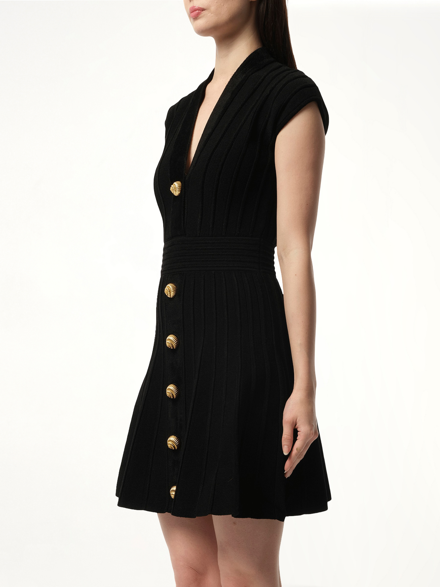 BALMAIN Button V-Neck Velvet Flare Short Dress (Black)