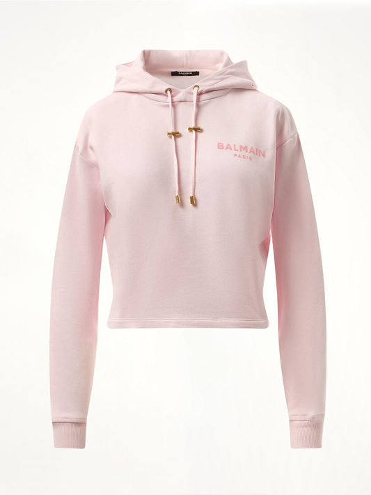Balmain Flock Detail Cropped Hoodie (Pink)