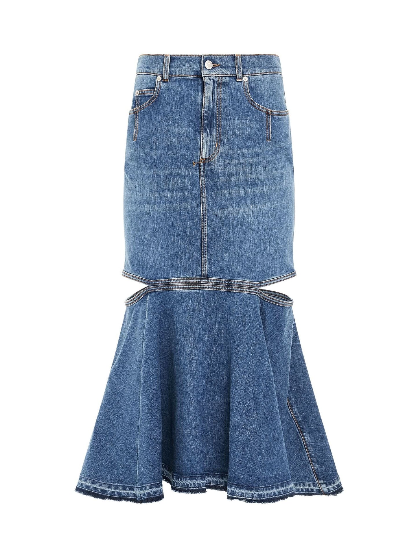 Image of a model wearing Denim. Productname: ALEXANDER MCQUEEN Slashed Midi Denim Skirt in Blue Wash colour by brand - ALEXANDER MCQUEEN