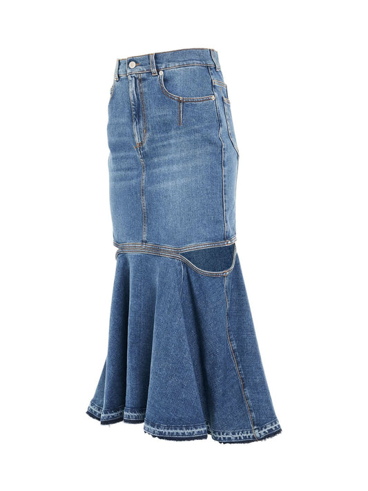 ALEXANDER MCQUEEN Slashed Midi Denim Skirt (Blue Wash)