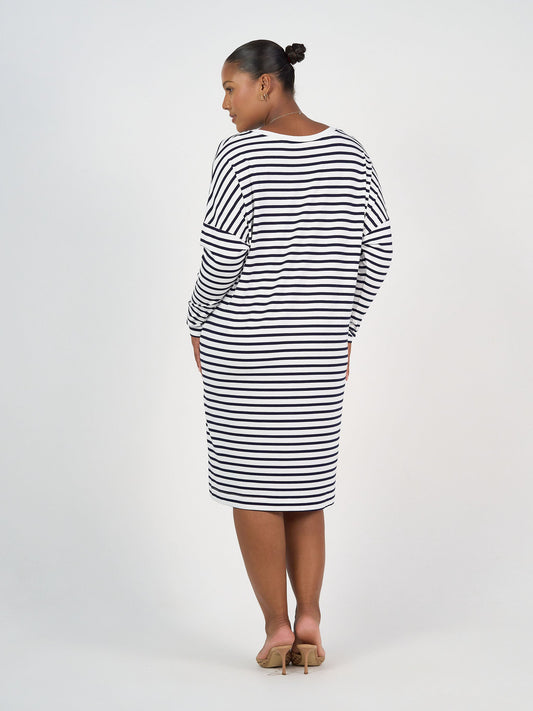Lou Lou Turner Long-Sleeve Bamboo T-Shirt Dress (Navy & White Stripe)