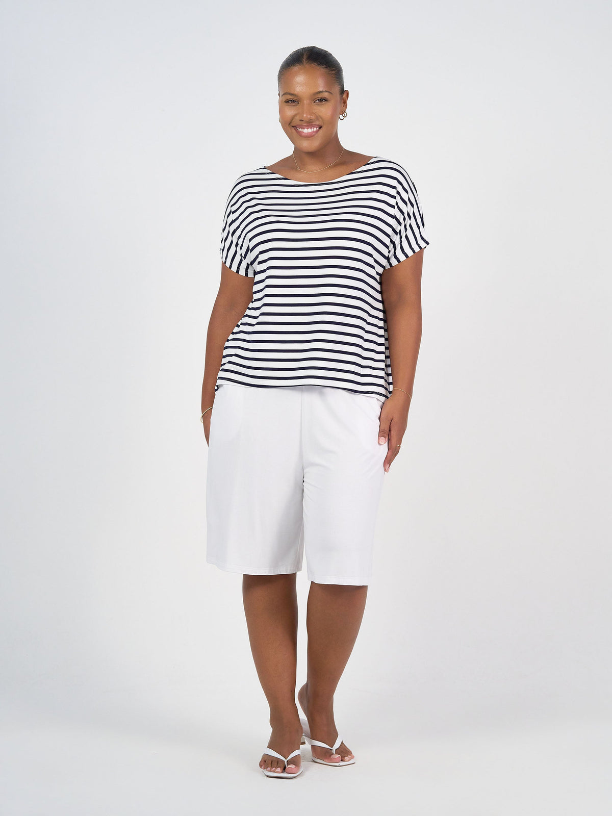 Lou Lou Wilde Bamboo Box Fit Tee (Navy & White Stripe)
