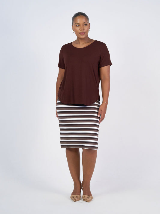 Lou Lou Midi Bamboo Whitney Tube Skirt (Brown Stripe)