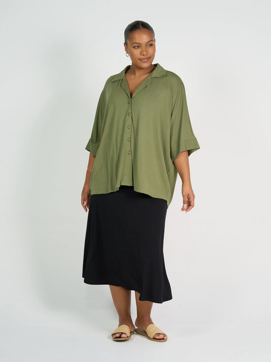Lou Lou Alanis 3/4 Sleeve Collared Bamboo Shirt (Olive)