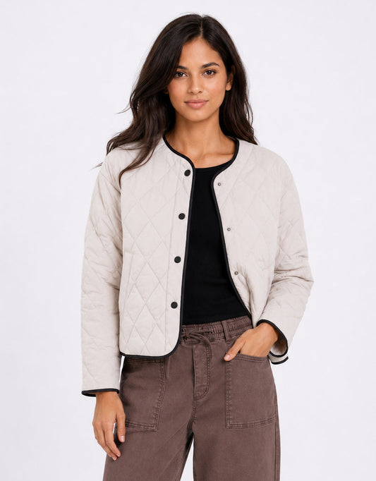 Stories Be Told Apex Collarless Quilted Contrast Piping Puffer Jacket (Bone)