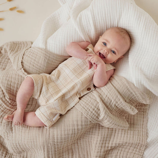 Beige Plaid Flannel Overalls