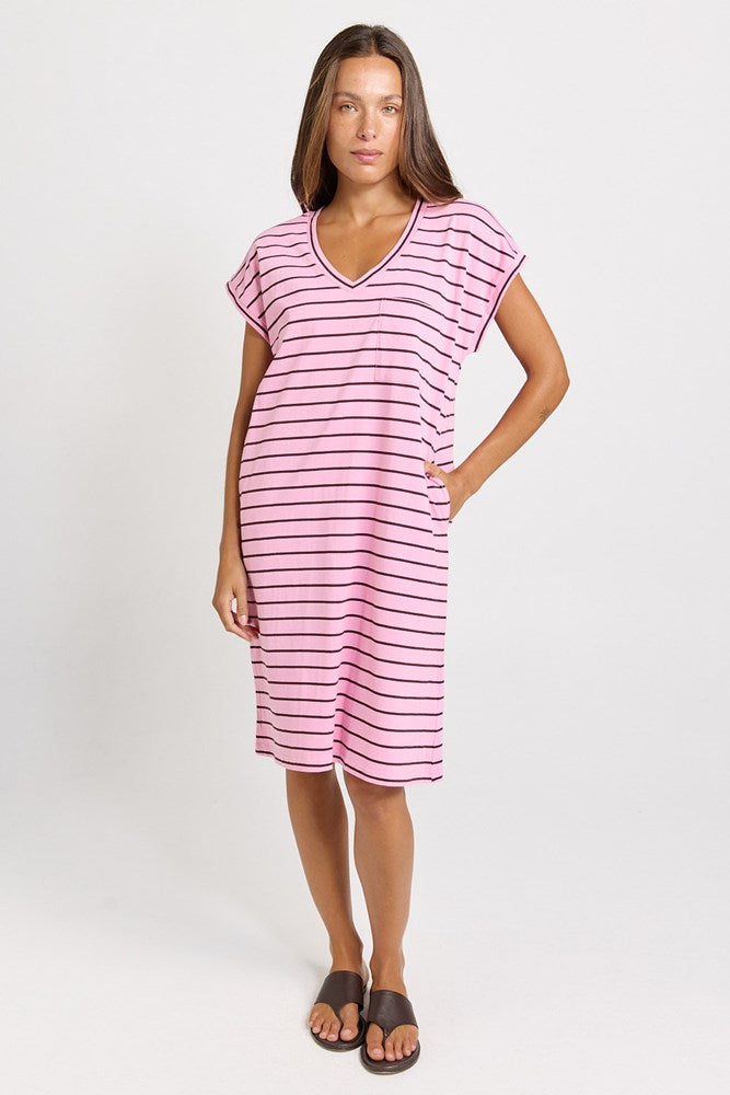Betty Basics Zena Cotton T-Shirt Dress (Pink/Chocolate Stripe)