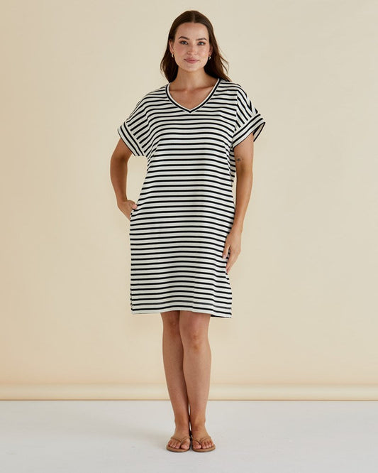 Betty Basics Elise V-Neck Rib Dress (White/Black Stripe)