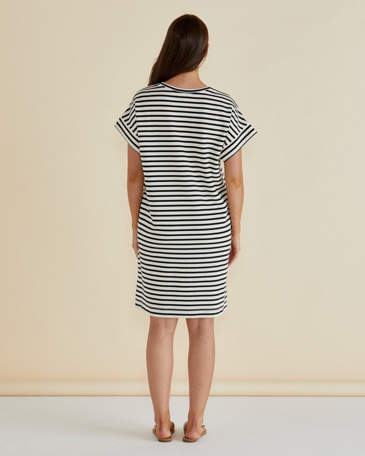 Betty Basics Elise V-Neck Rib Dress (White/Black Stripe)