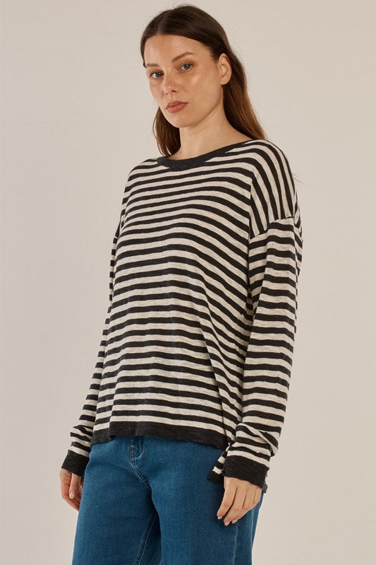 Betty Basics Natasha Knit Top - (Black/Off-White Stripe)