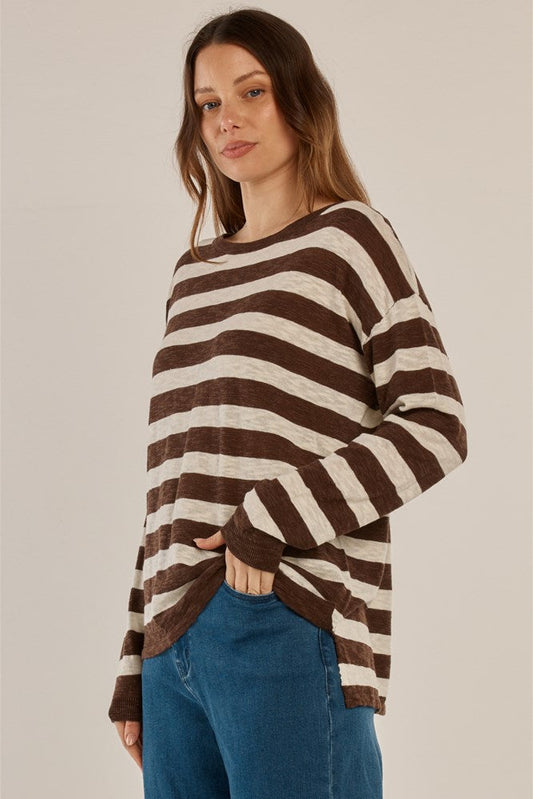 Betty Basics Natasha Knit Top (Brown Stripe)