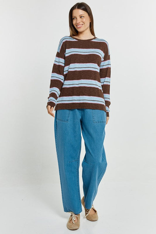 Betty Basics Natasha Knit Top (Chocolate/Blue/Pink Stripe)