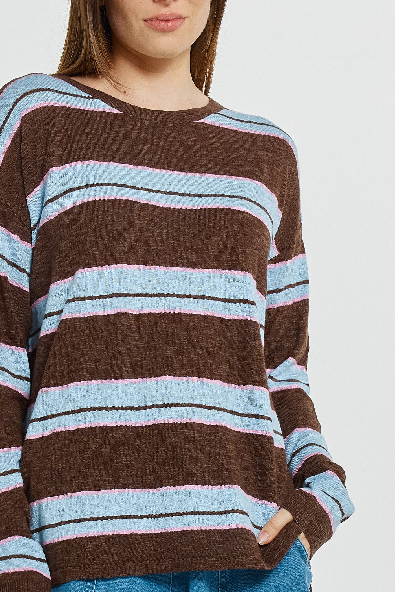 Betty Basics Natasha Knit Top (Chocolate/Blue/Pink Stripe)