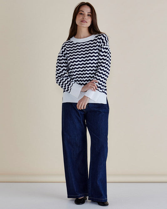 Betty Basics Ember Knit Jumper (Navy Wave Stripe)