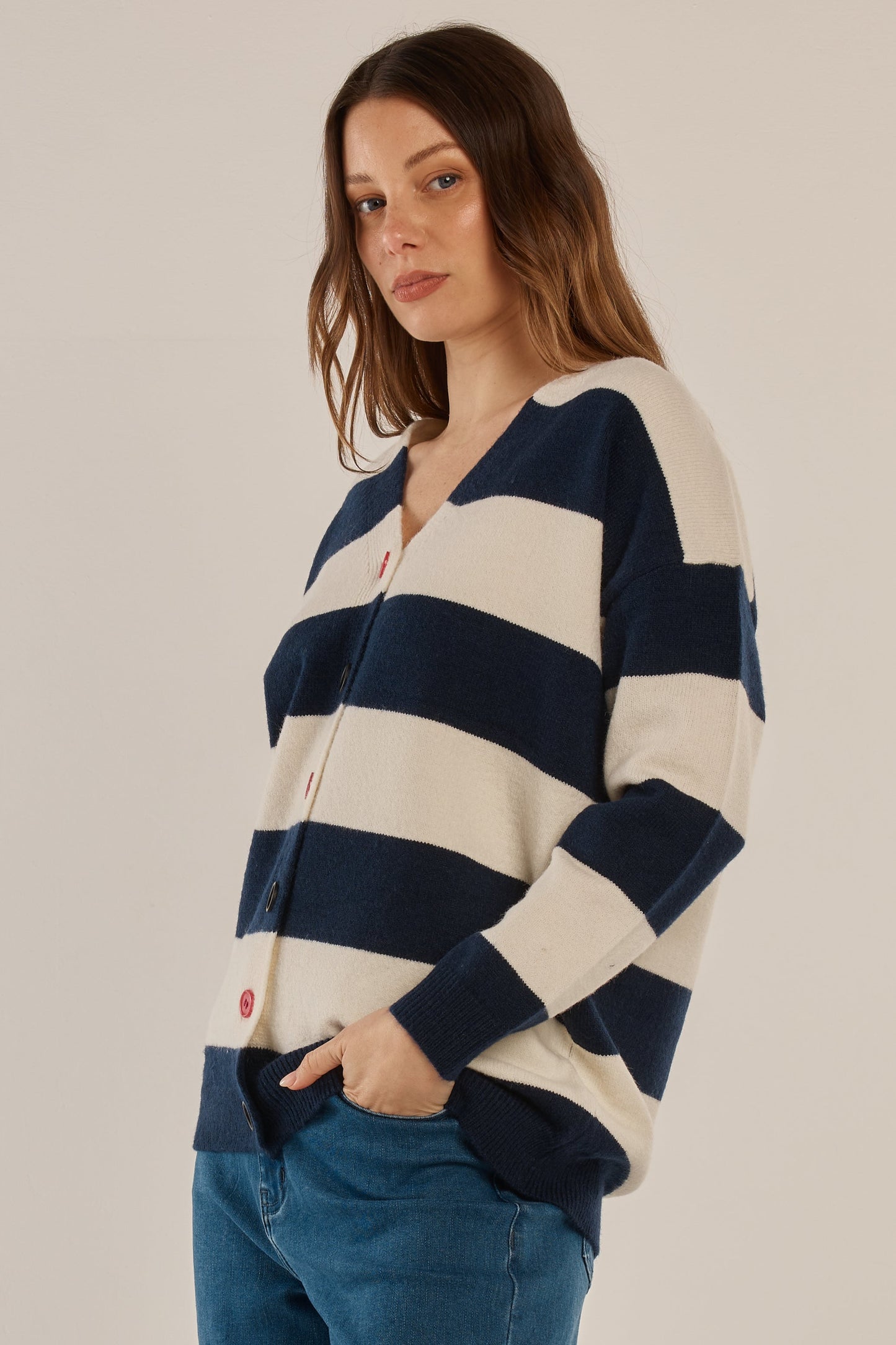 Betty Basics Maybelle Knit Cardigan- (Navy/Off-White Stripe)