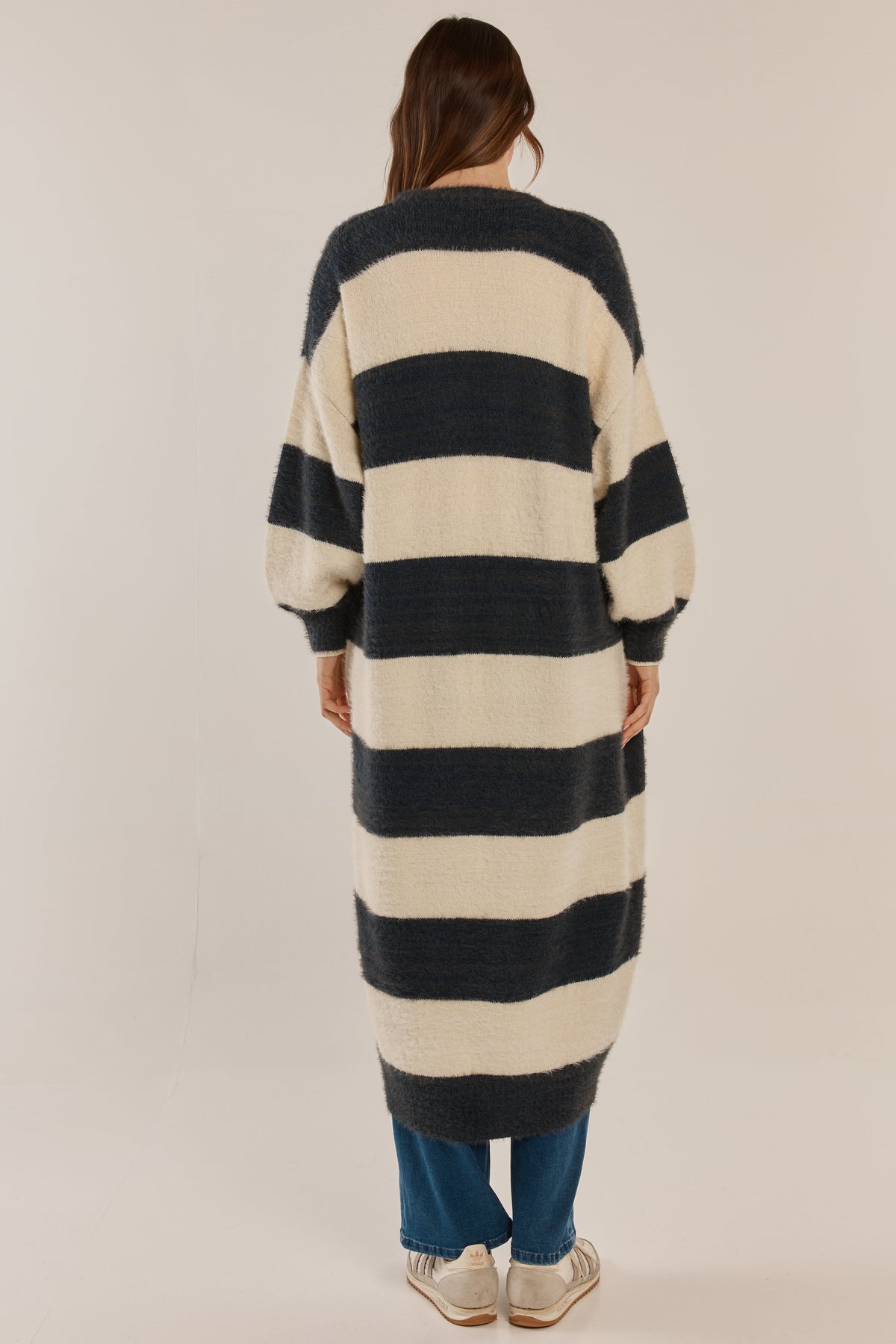 Betty Basics Franca Long Knit Cardigan (Navy/White Stripe)