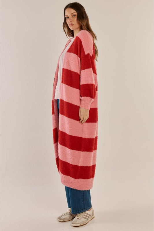 Betty Basics Franca Long Knit Cardigan (Red/Pink Stripe)