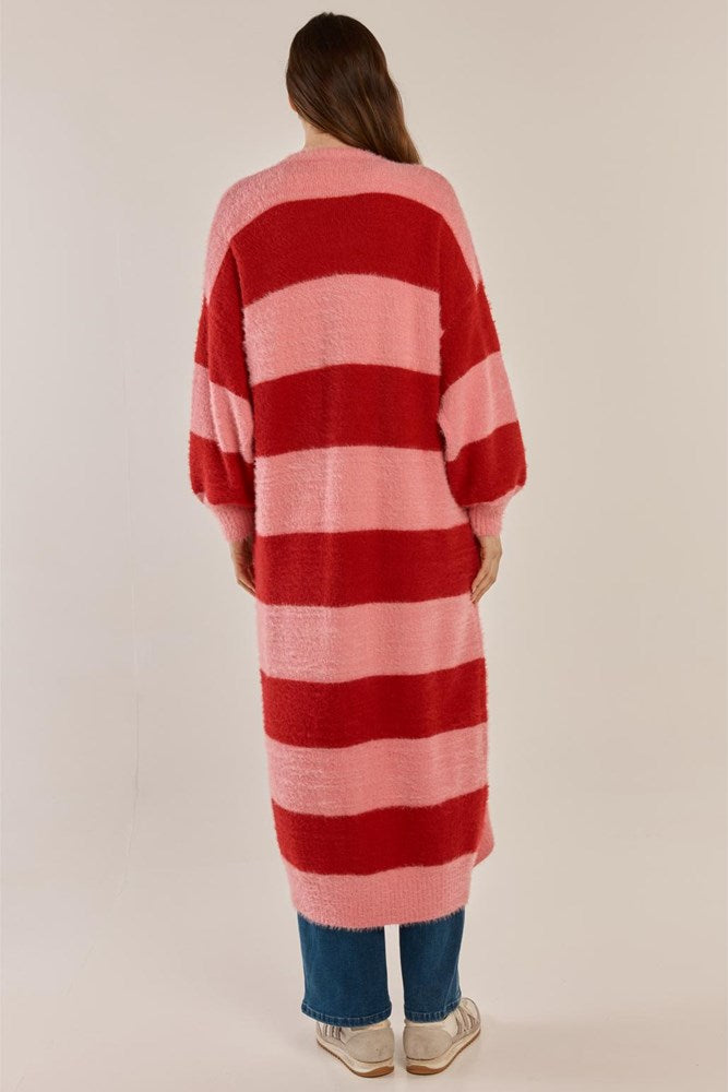 Betty Basics Franca Long Knit Cardigan (Red/Pink Stripe)