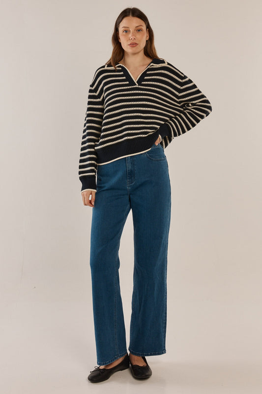 Betty Basics Aberdeen Polo Knit Sweater (Navy Stripe)