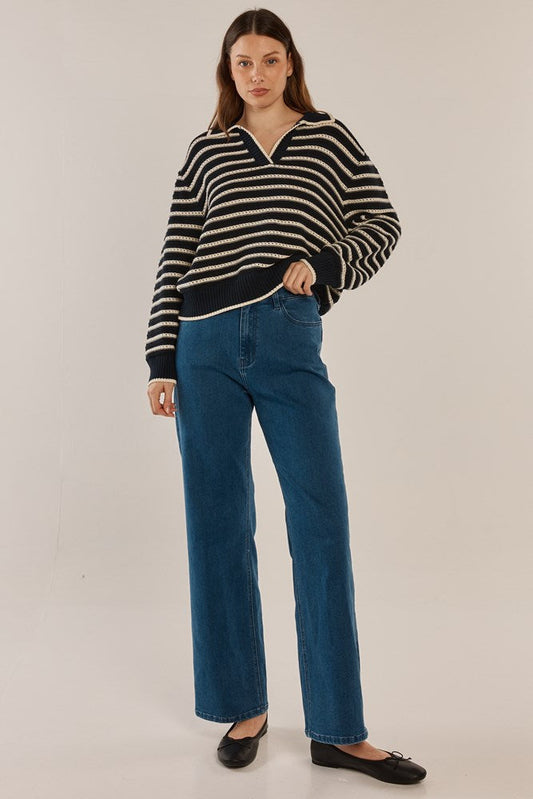 Betty Basics Aberdeen Polo Knit Sweater (Navy Stripe)