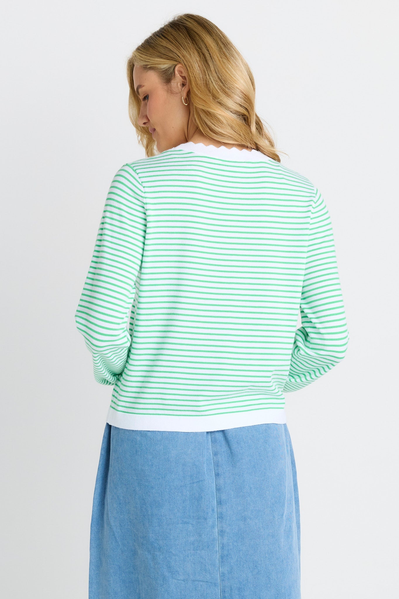 Betty Basics Scallop Knit Sweater (Green Stripe)