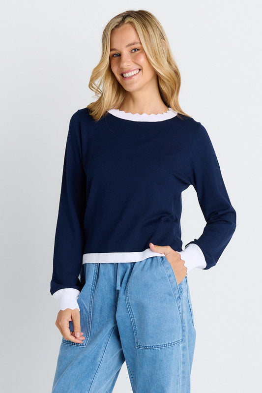 Betty Basics Scallop Knit Sweater (Navy)